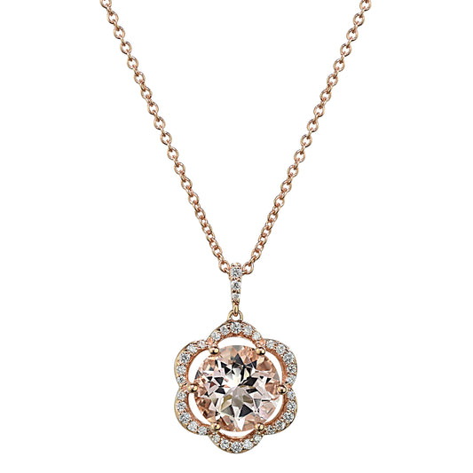 14k Rose Gold VS Diamond Morganite Flower Pendant Necklace