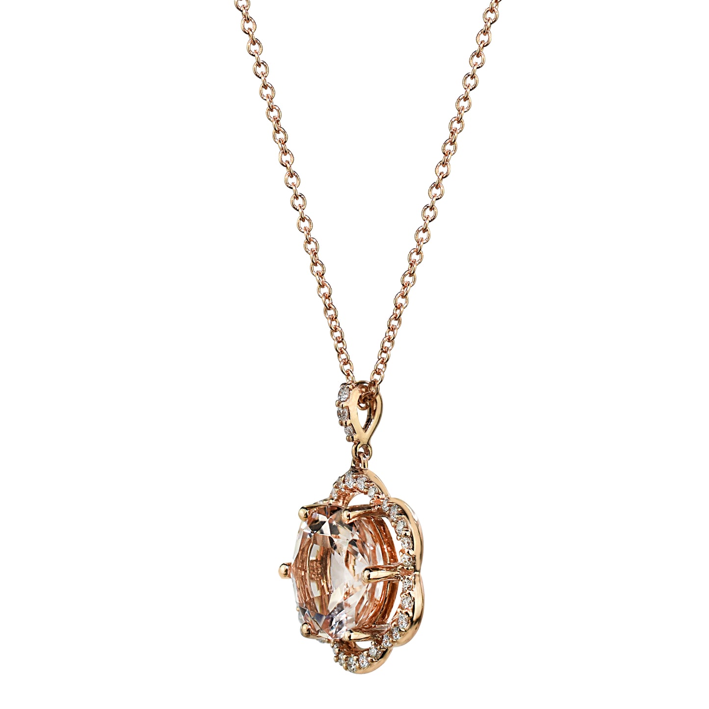 14k Rose Gold VS Diamond Morganite Flower Pendant Necklace