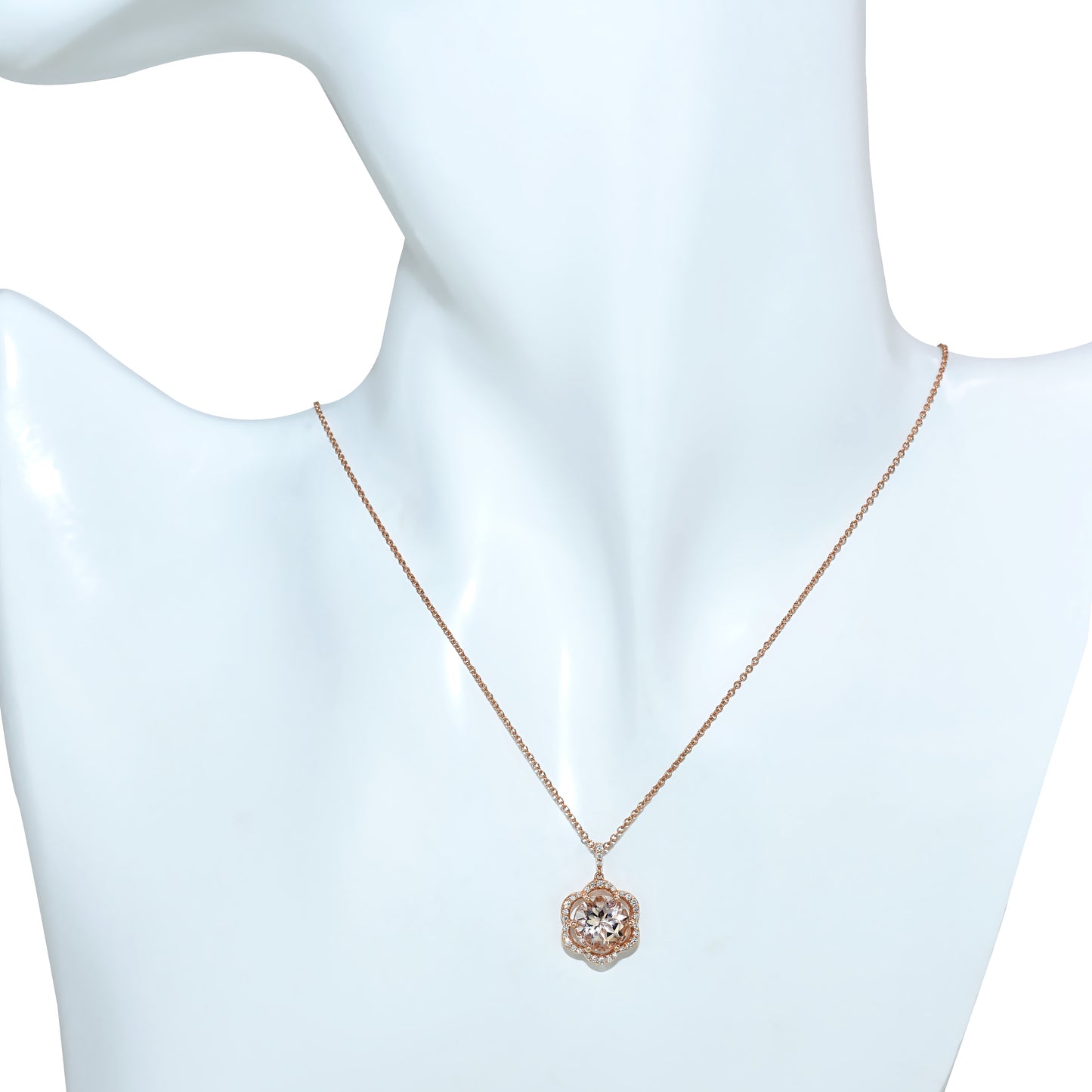 14k Rose Gold VS Diamond Morganite Flower Pendant Necklace