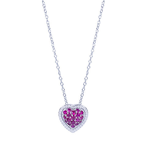 14k White Gold Ruby Vs Diamond Heart Pave Pendant Necklace
