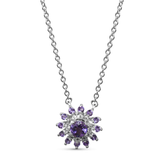 14k White Gold Diamond Amethyst Pendant Necklace