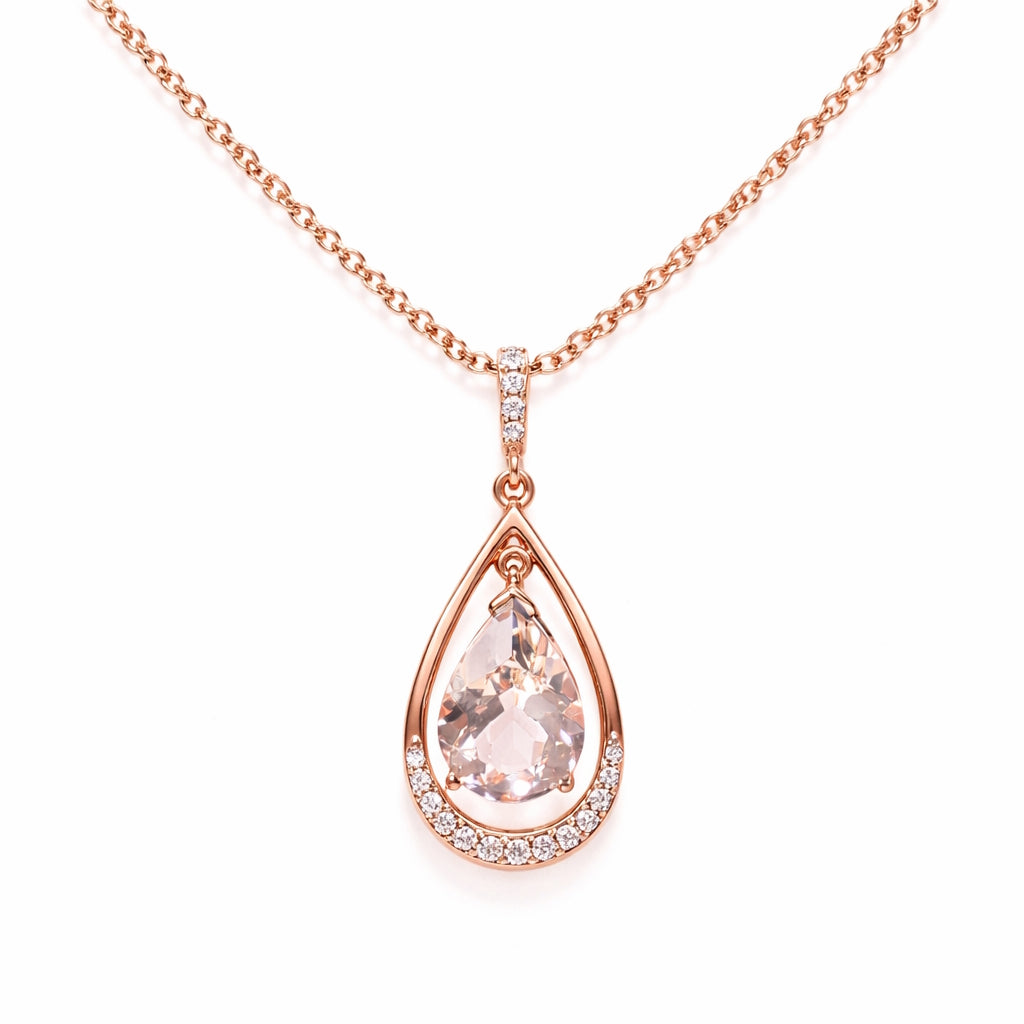 14k Rose Gold VS Diamond Morganite Pear Shape Pendant Necklace
