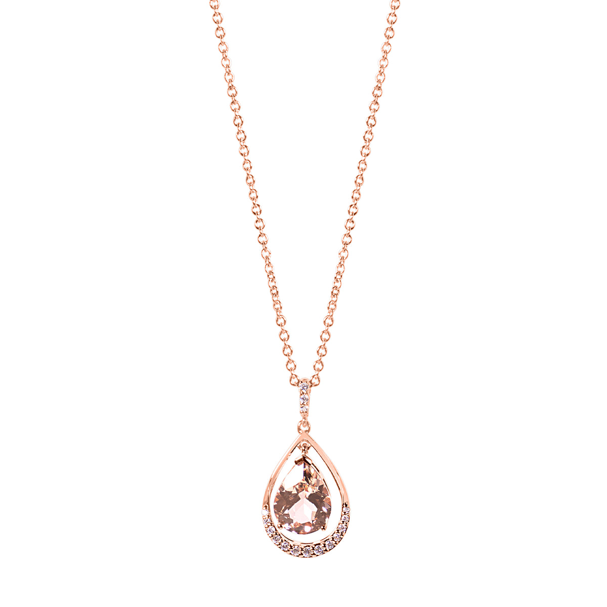 14k Rose Gold VS Diamond Morganite Pear Shape Pendant Necklace
