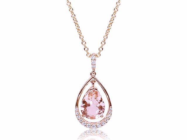 14k Rose Gold Vs Diamond Morganite Pear Shape Pendant Necklace 18/20"