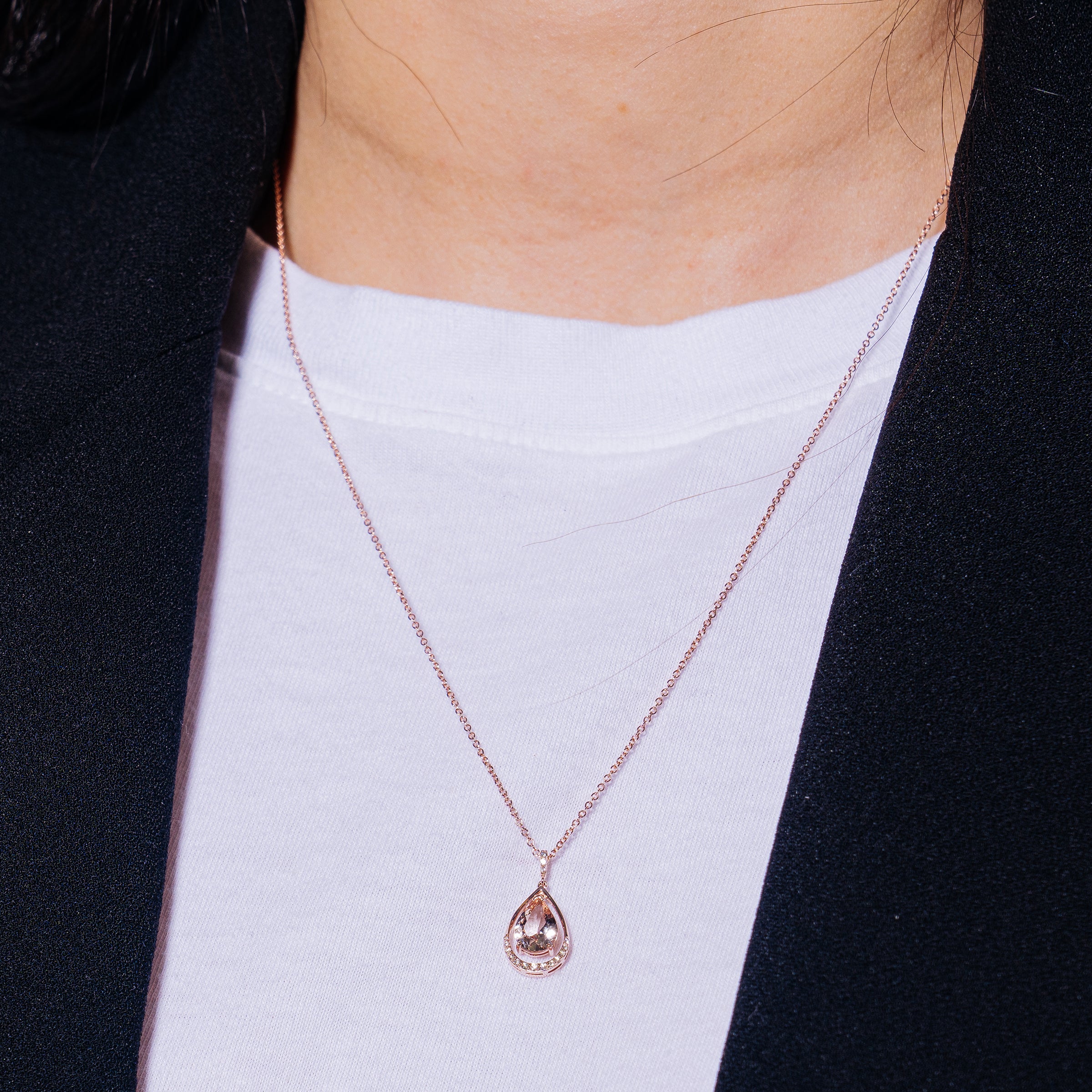 14k Rose Gold VS Diamond Morganite Pear Shape Pendant Necklace