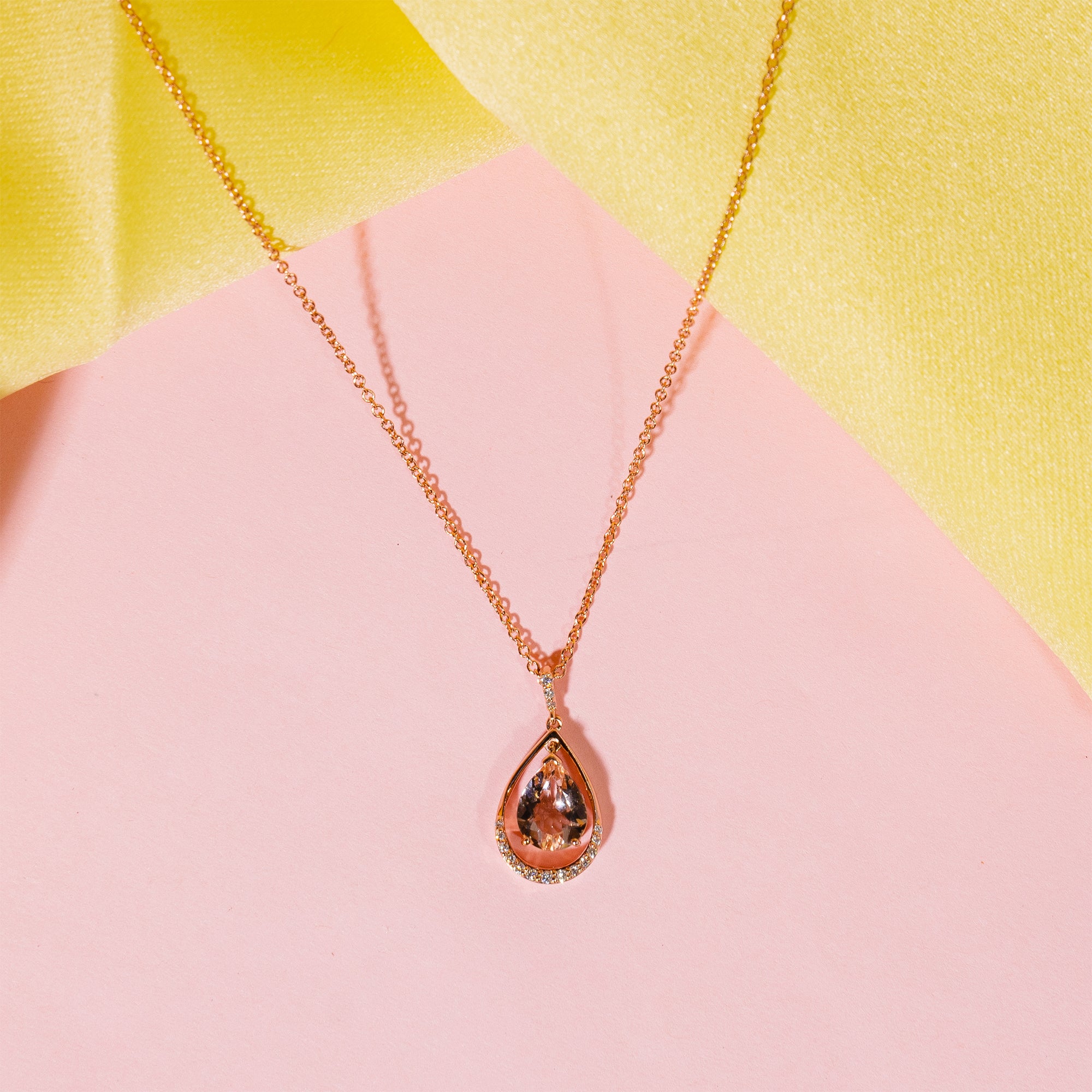 14k Rose Gold VS Diamond Morganite Pear Shape Pendant Necklace