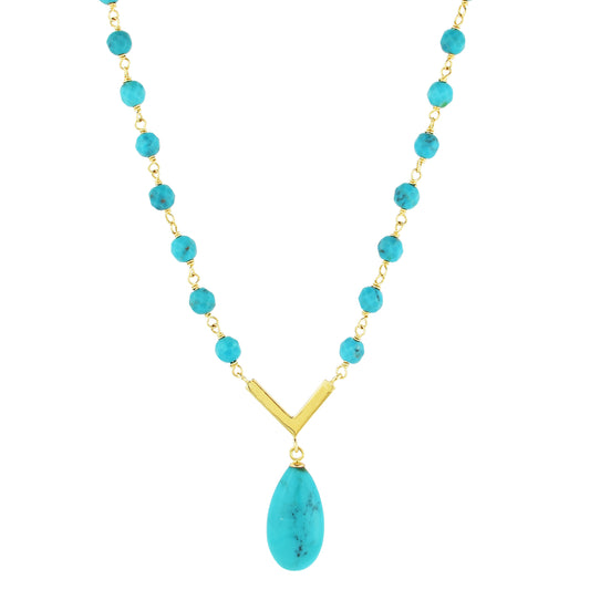 14k Turquoise Faceted Beads and Pear Pendant Necklace 18"