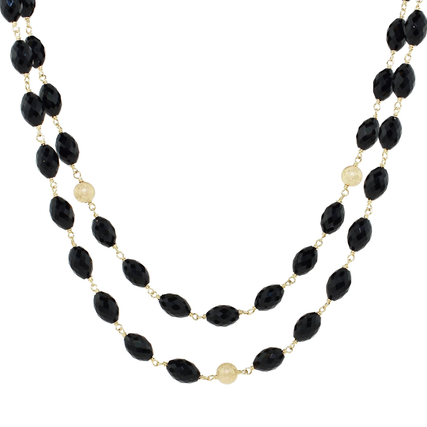 14k Faceted/Oval Black Onyx Layered 2 Row Necklace 18 to 20"