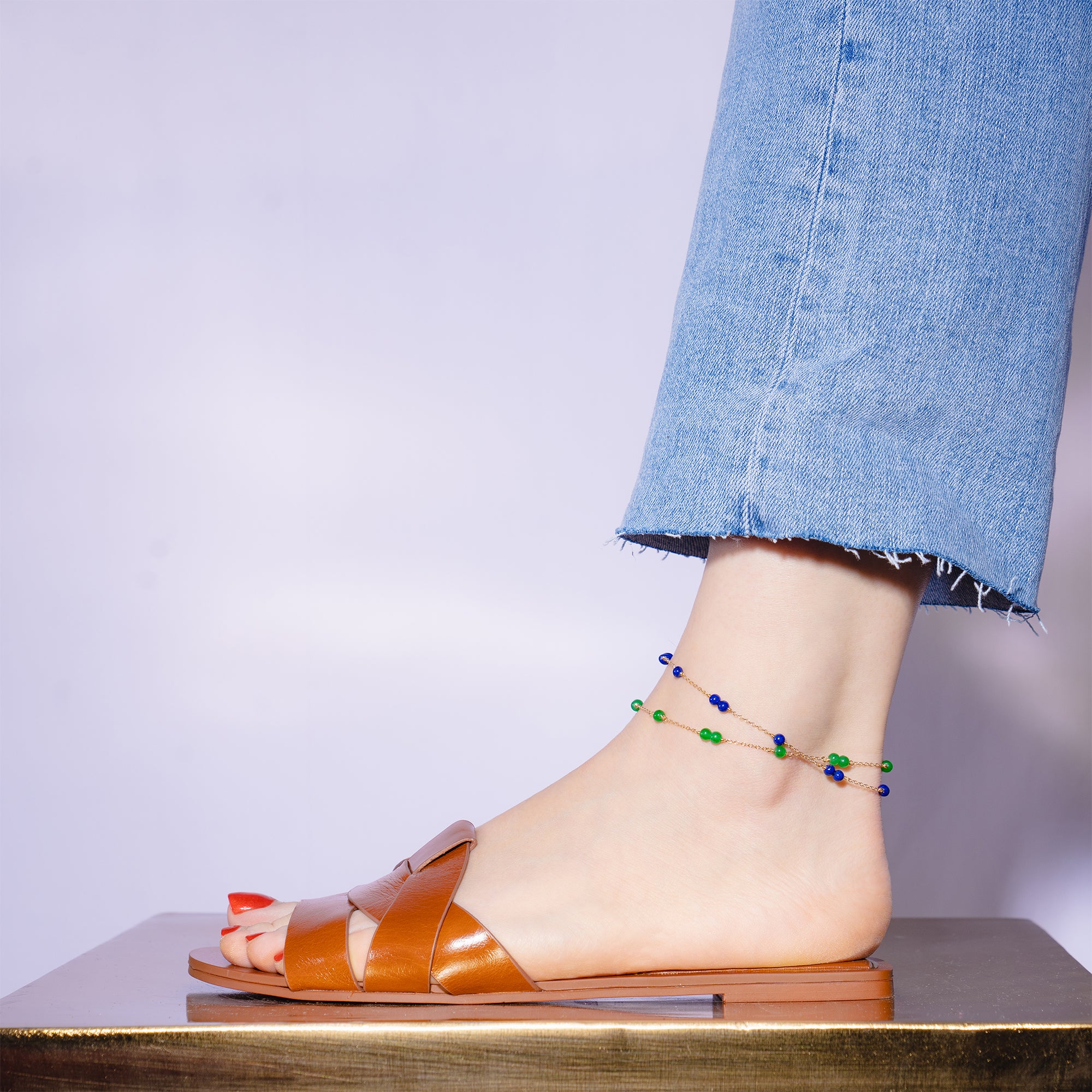 14k Station Link Beaded Anklet Lapis