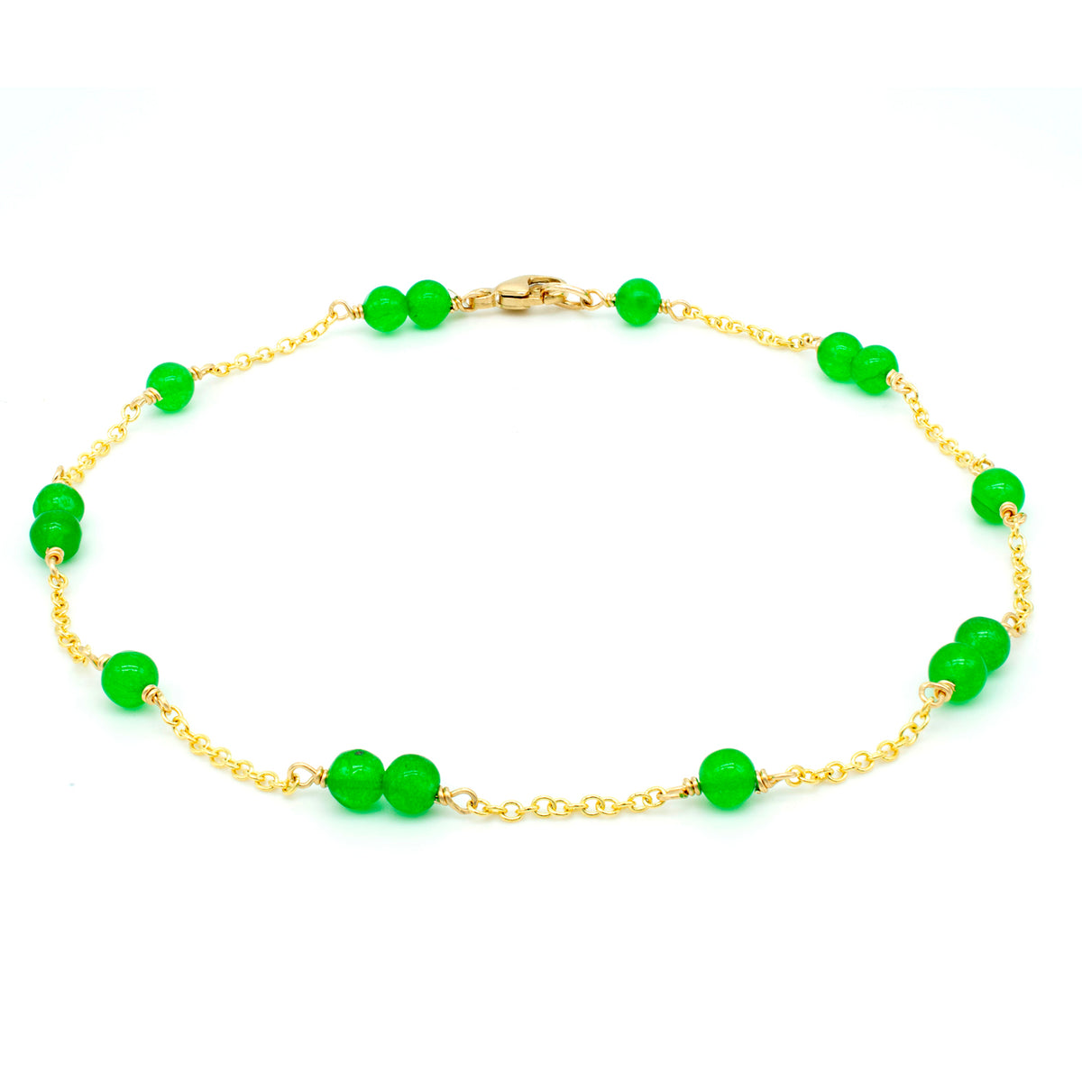 14k Station Link Beaded Anklet Green Jade