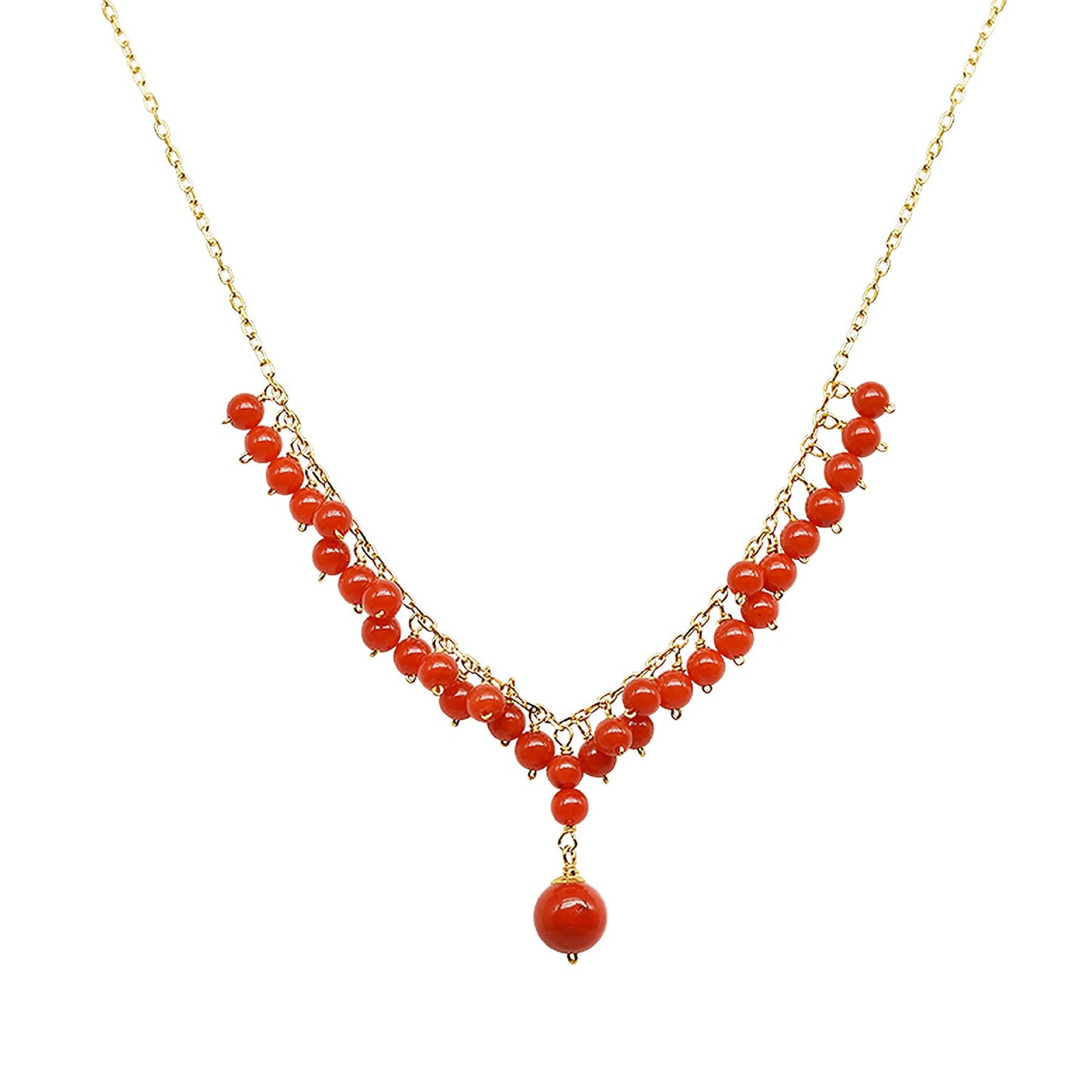 14k Red Coral Cluster Necklace 17" freeshipping - Jewelmak Shop