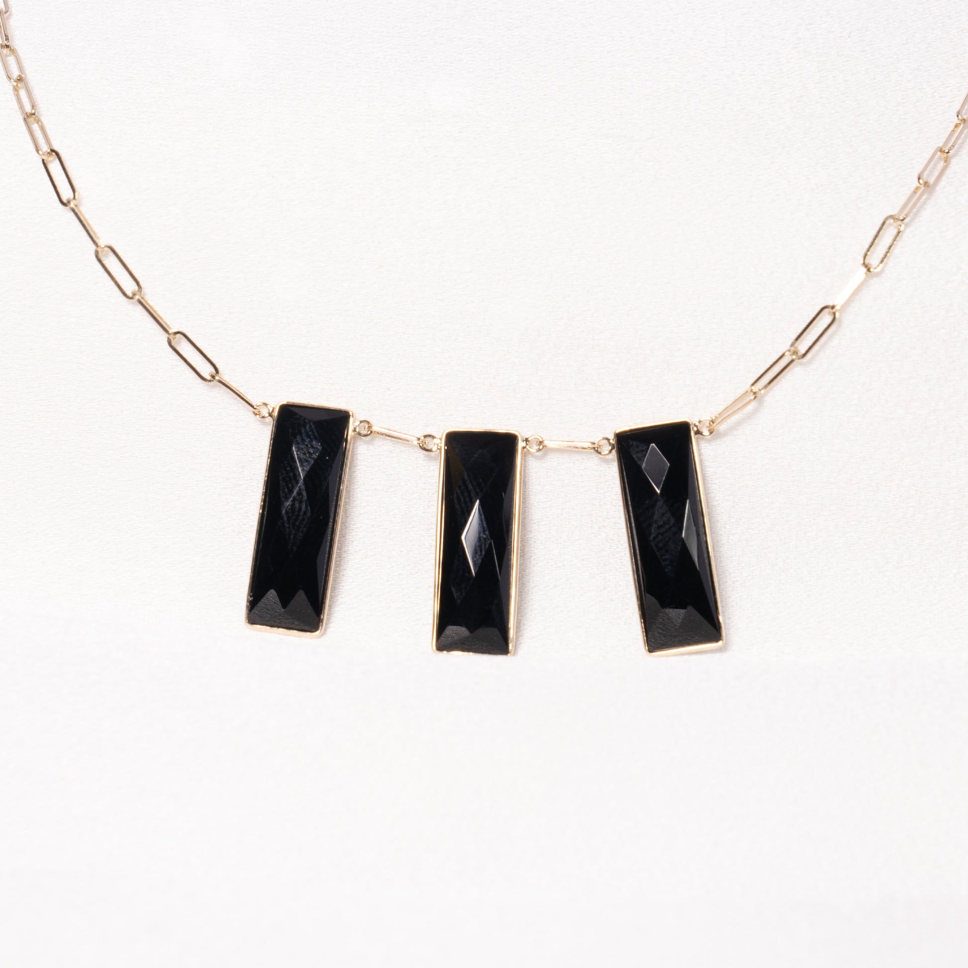 14k Black Onyx 3 Rectangular Center Necklace 17/18"