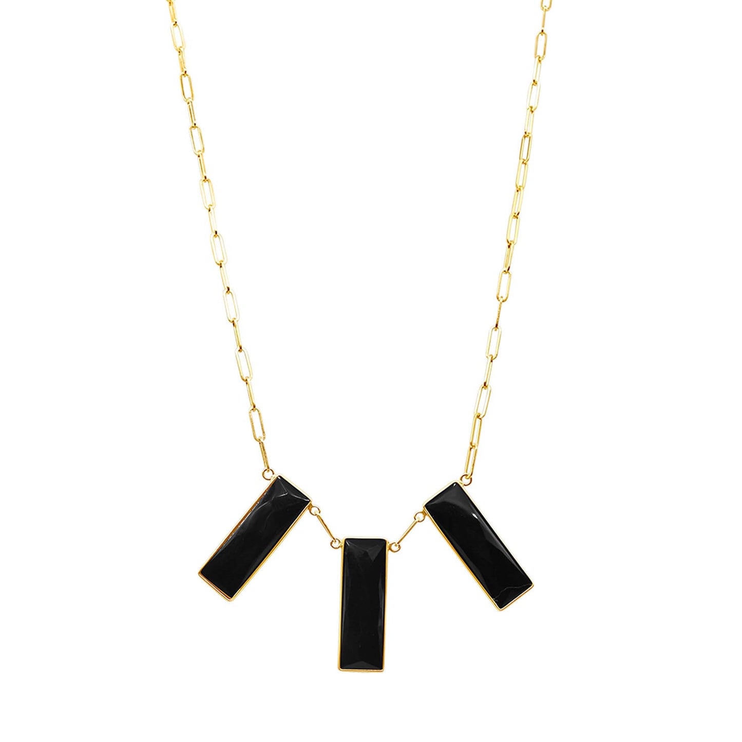 14k Black Onyx 3 Rectangular Center Necklace 17/18" freeshipping - Jewelmak Shop