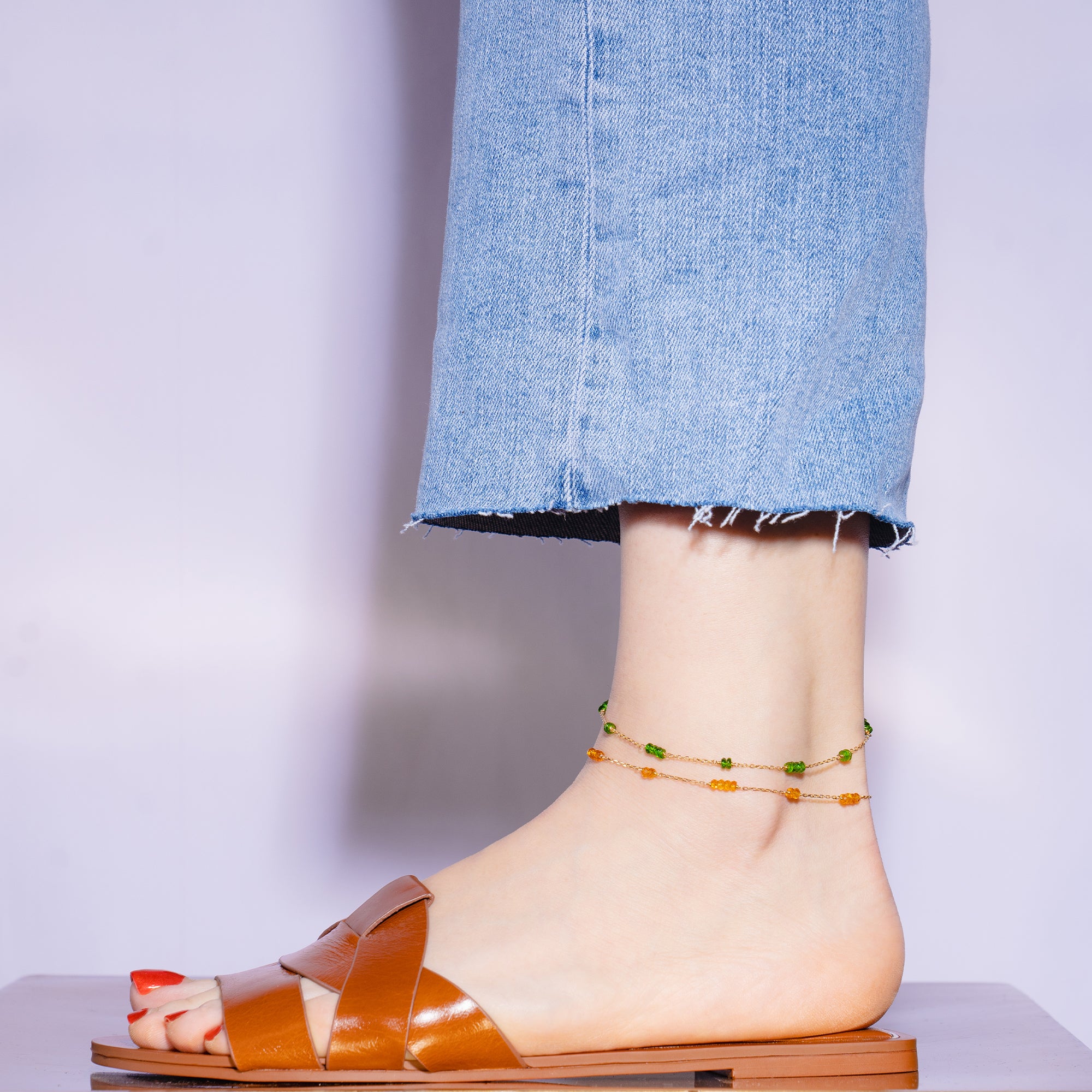 14k Station Link Beaded Anklet Citrine