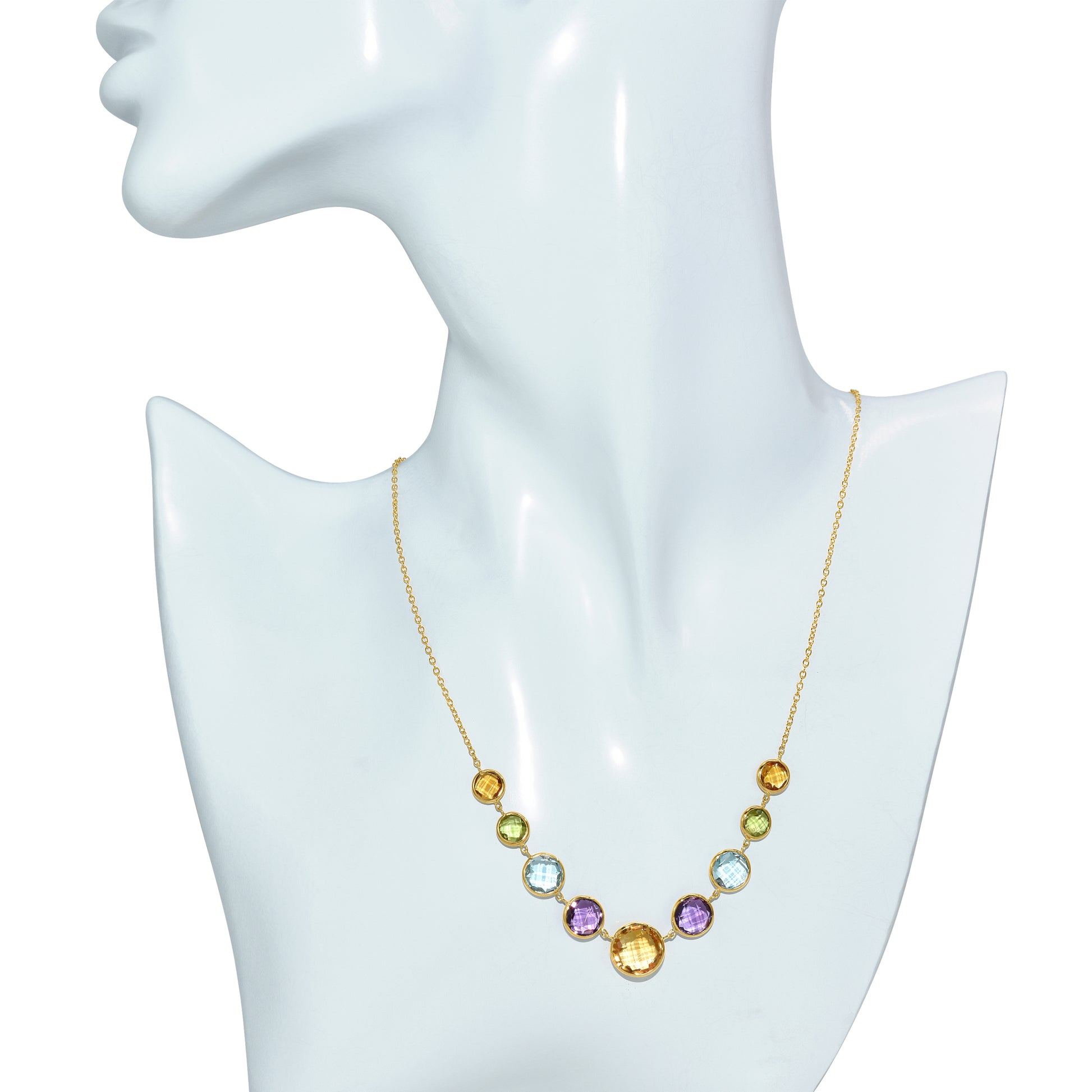 14k Citrine, Peridot, Blue Topaz, and Amethyst Bezel Necklace 17/18"