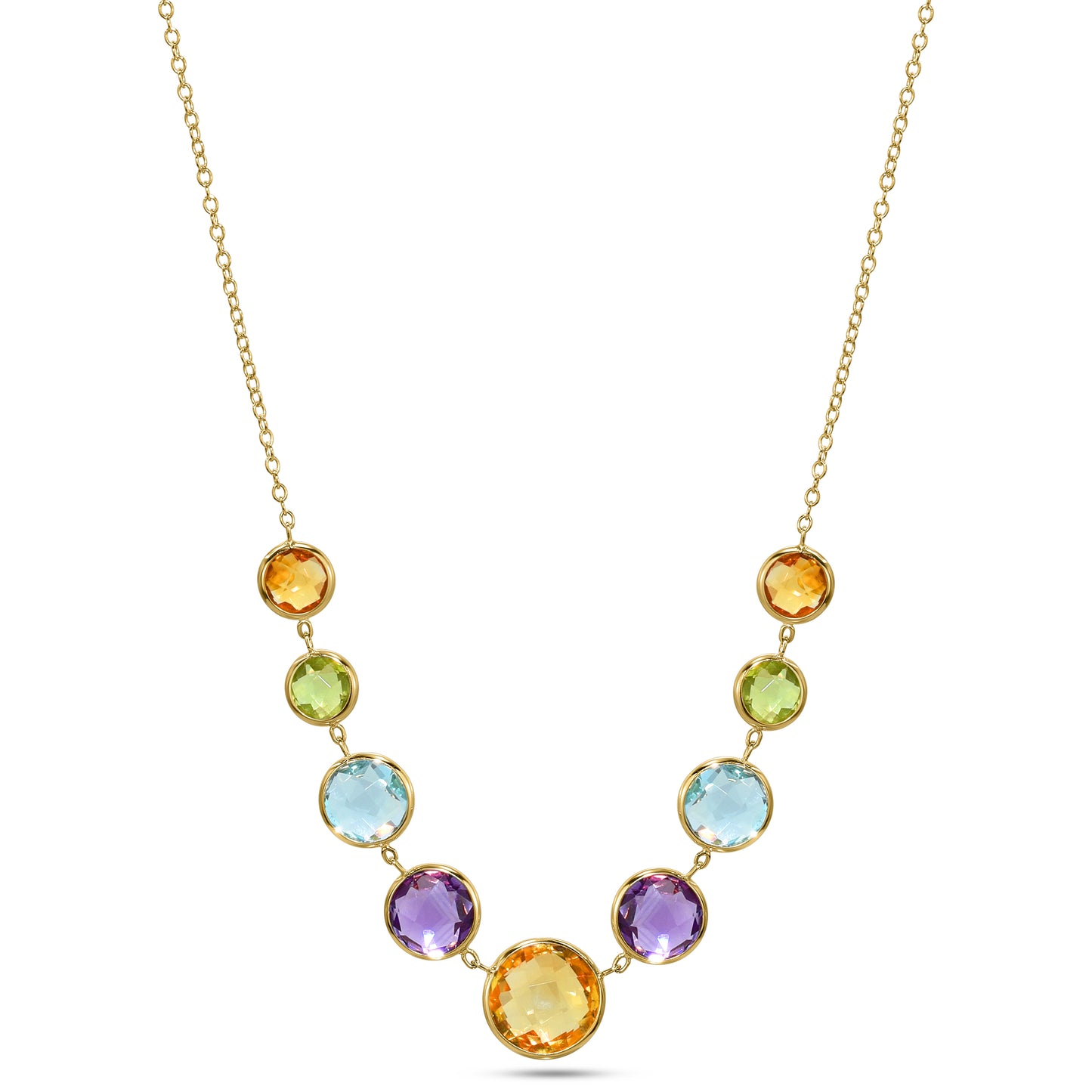 14k Citrine, Peridot, Blue Topaz, and Amethyst Bezel Necklace 17/18"