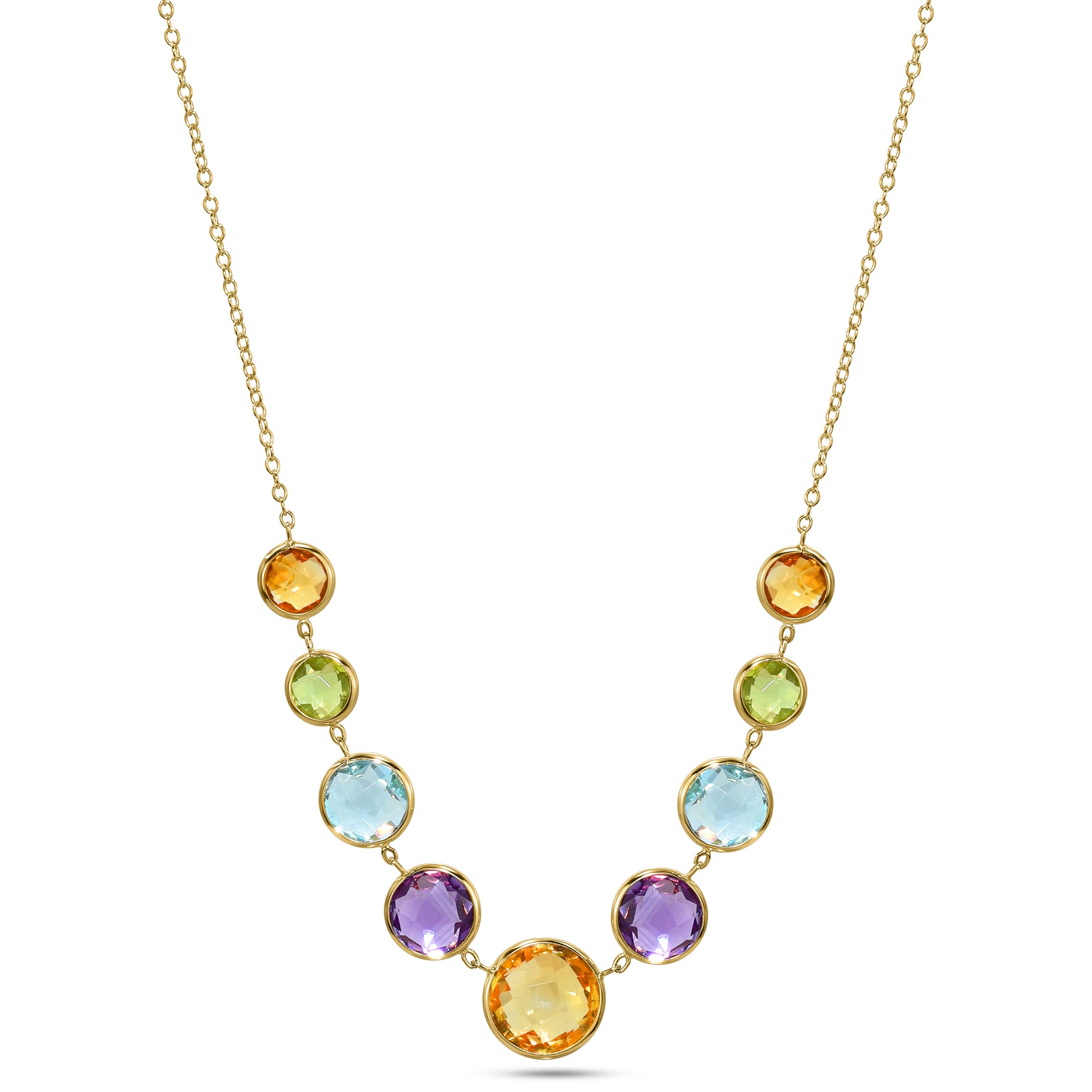 14k Citrine, Peridot, Blue Topaz, and Amethyst Bezel Necklace 17/18"
