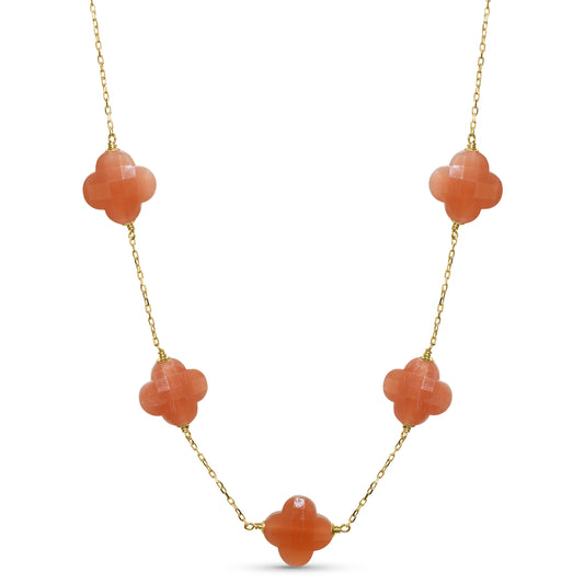 14k Yellow Gold Faceted Clover Station Necklace