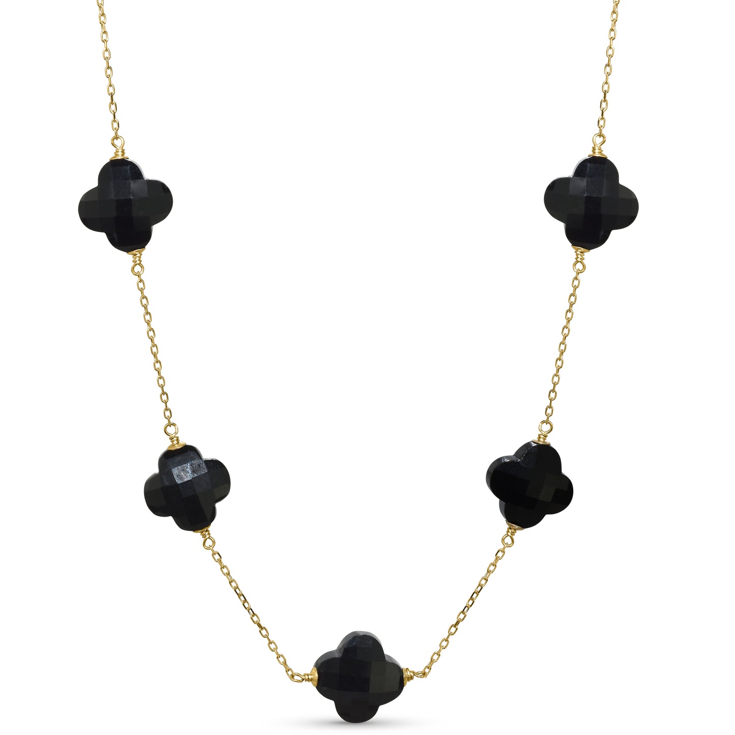 14k Yellow Gold Faceted Clover Station Necklace