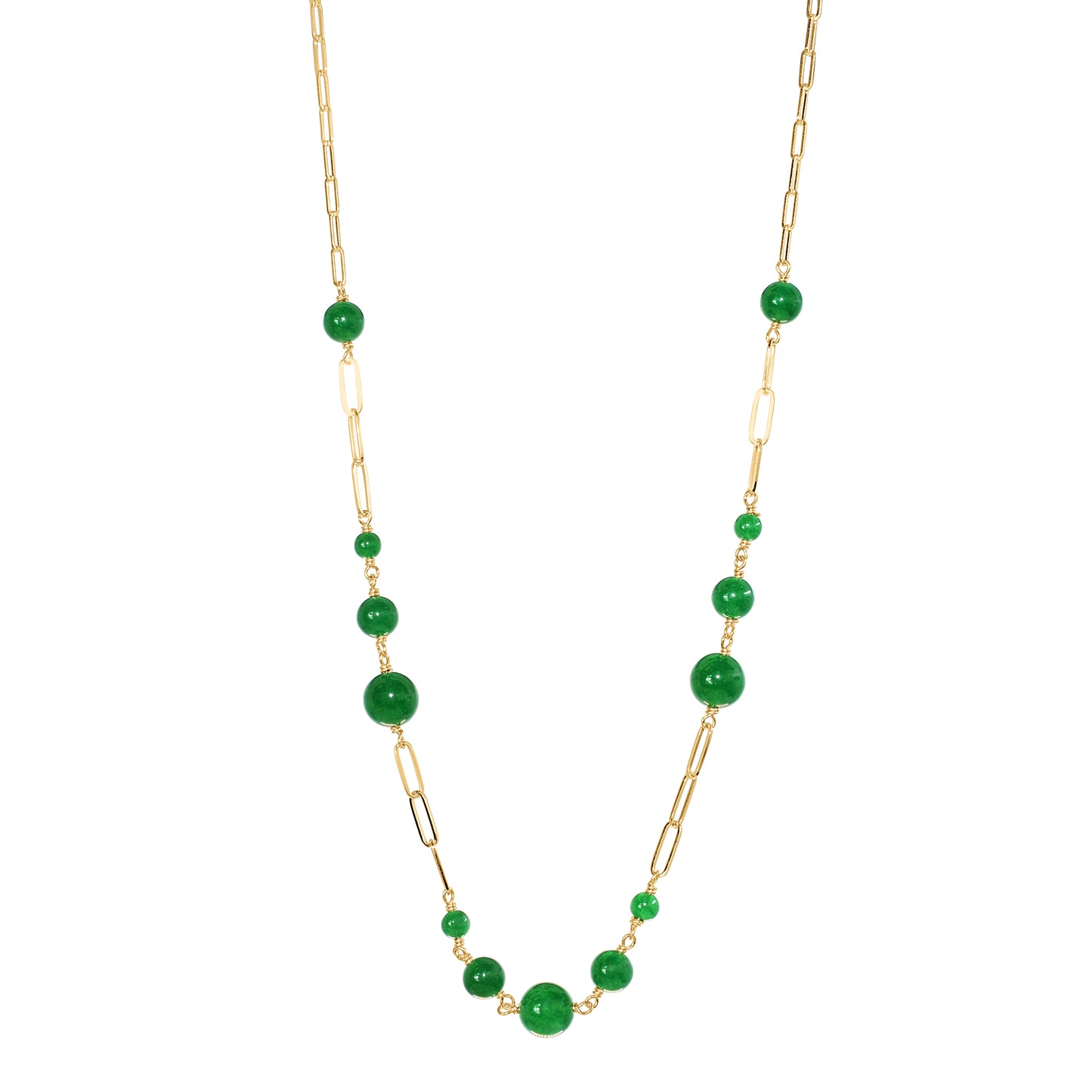 14k Green Jade Paperclip Station Necklace 18"