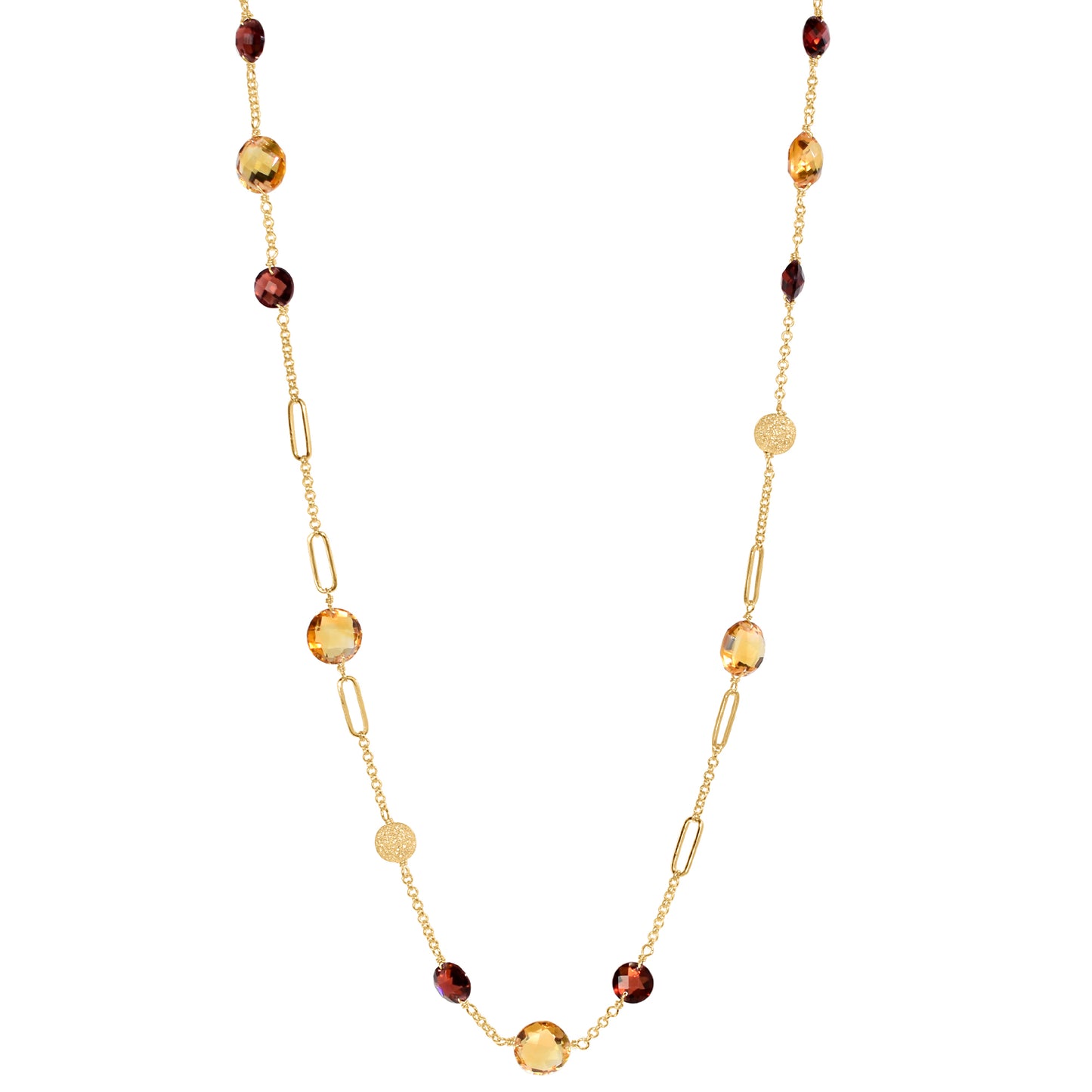 14k Coin Gemstone Fancy Station Necklace 18" Citrine & Garnet