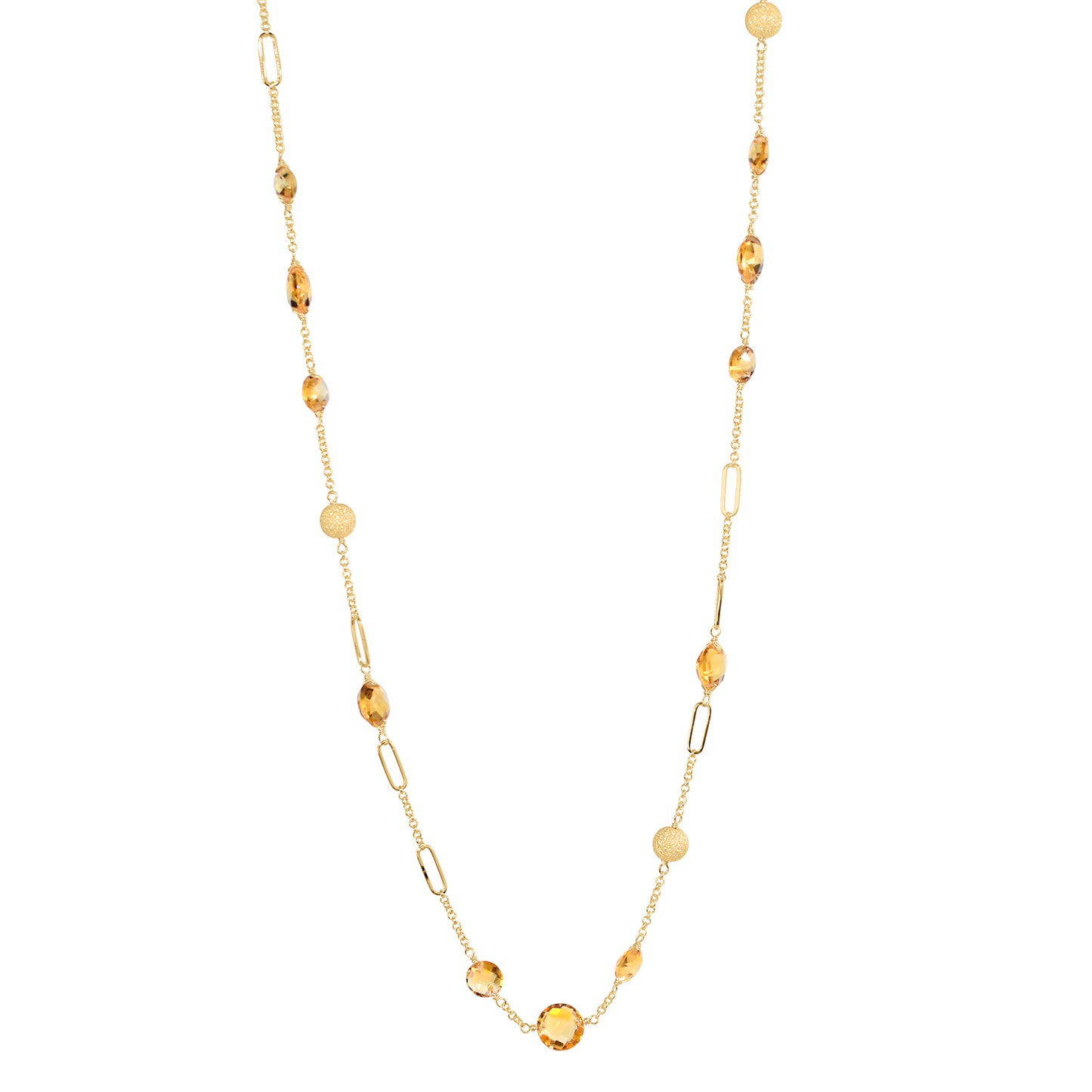 14k Coin Gemstone Fancy Station Necklace 18" Citrine