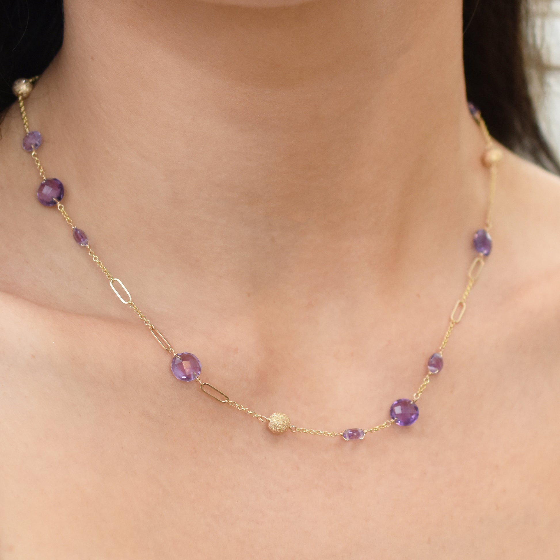 14k Coin Gemstone Fancy Station Necklace 18" Amethyst