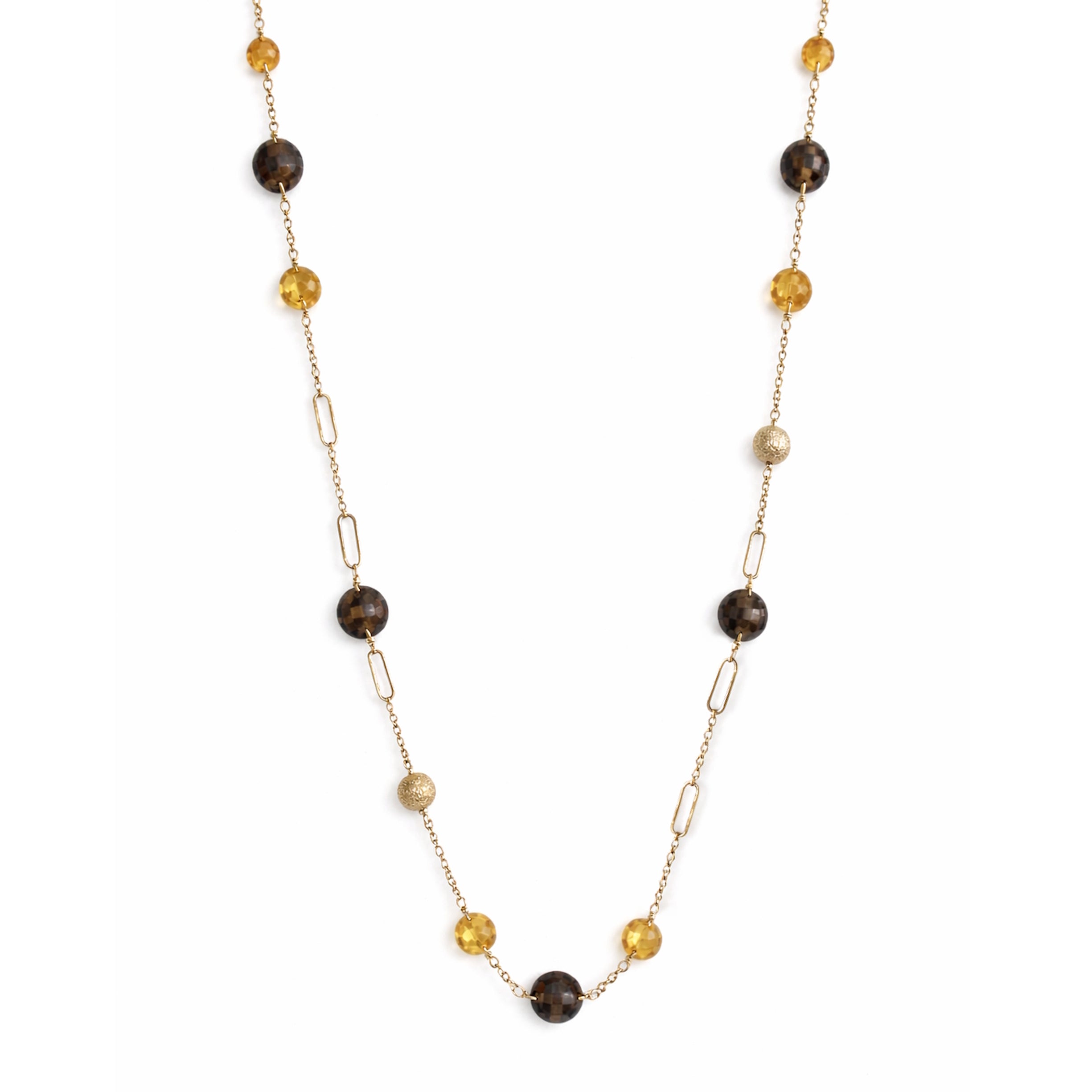 14k Citrine Smoky Quartz Coin Fancy Station Necklace