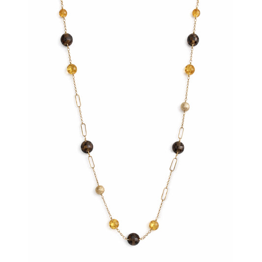 14k Citrine Smoky Quartz Coin Fancy Station Necklace