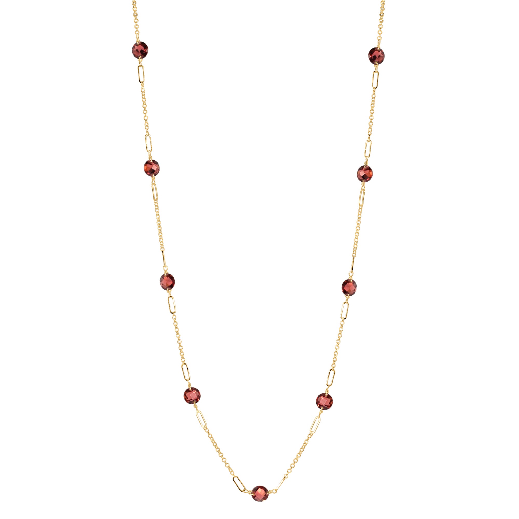 14k Gemstone Coin 9 Fancy Station Necklace 17" Garnet