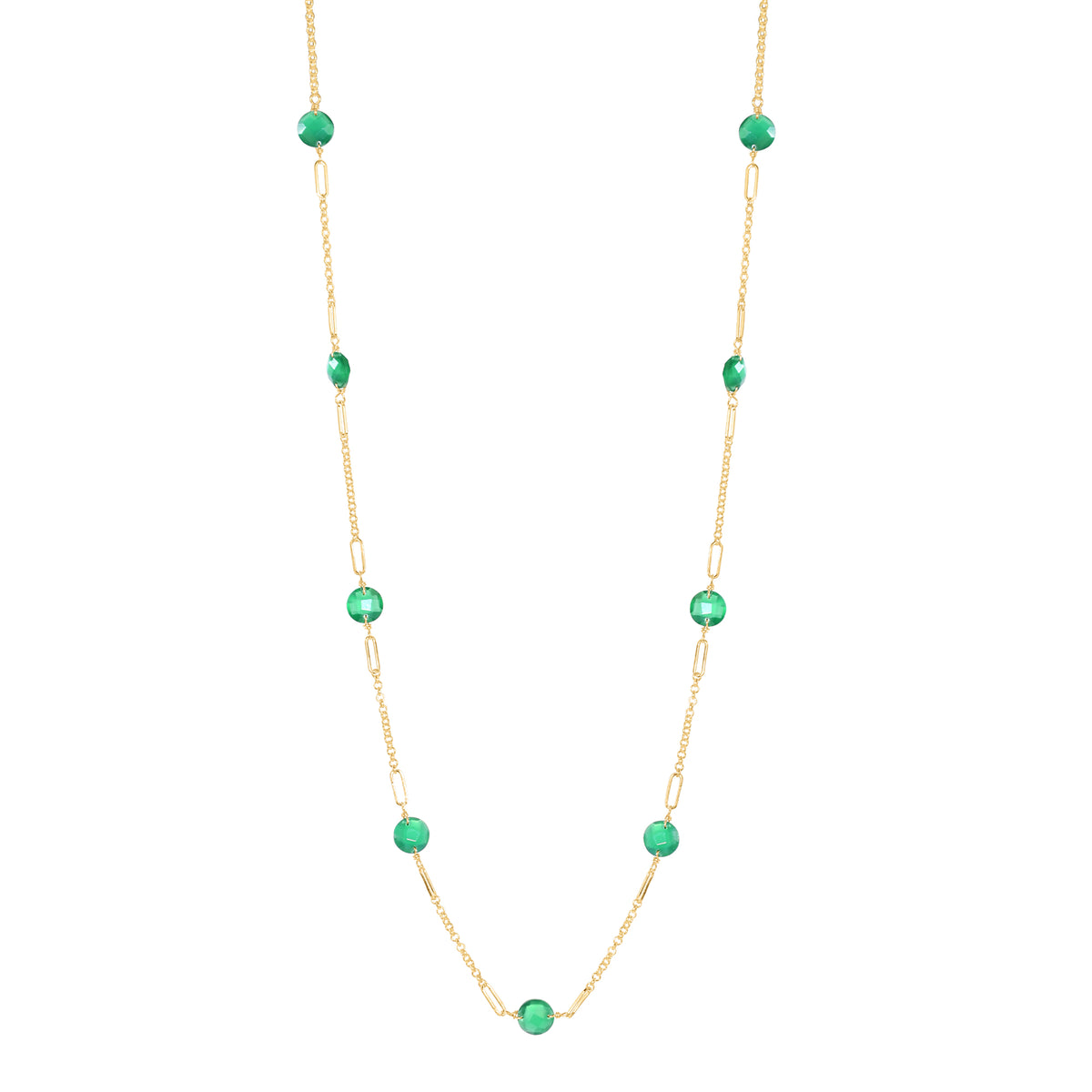 14k Gemstone Coin 9 Fancy Station Necklace 17" Green Onyx
