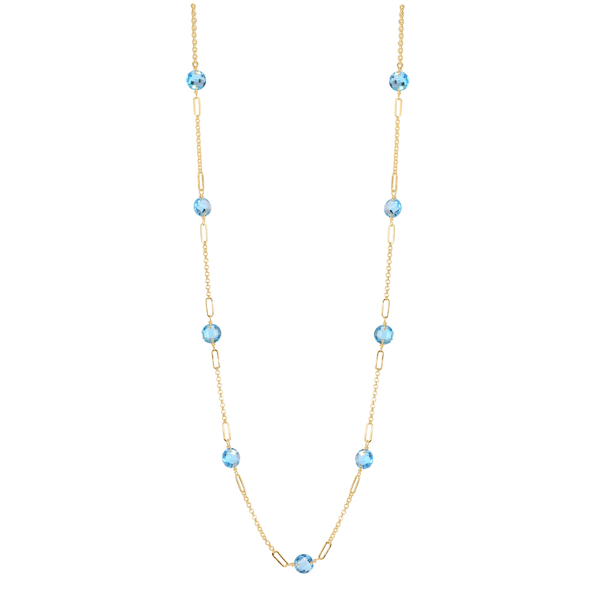 14k Gemstone Coin 9 Fancy Station Necklace 17" Swiss Blue Topaz