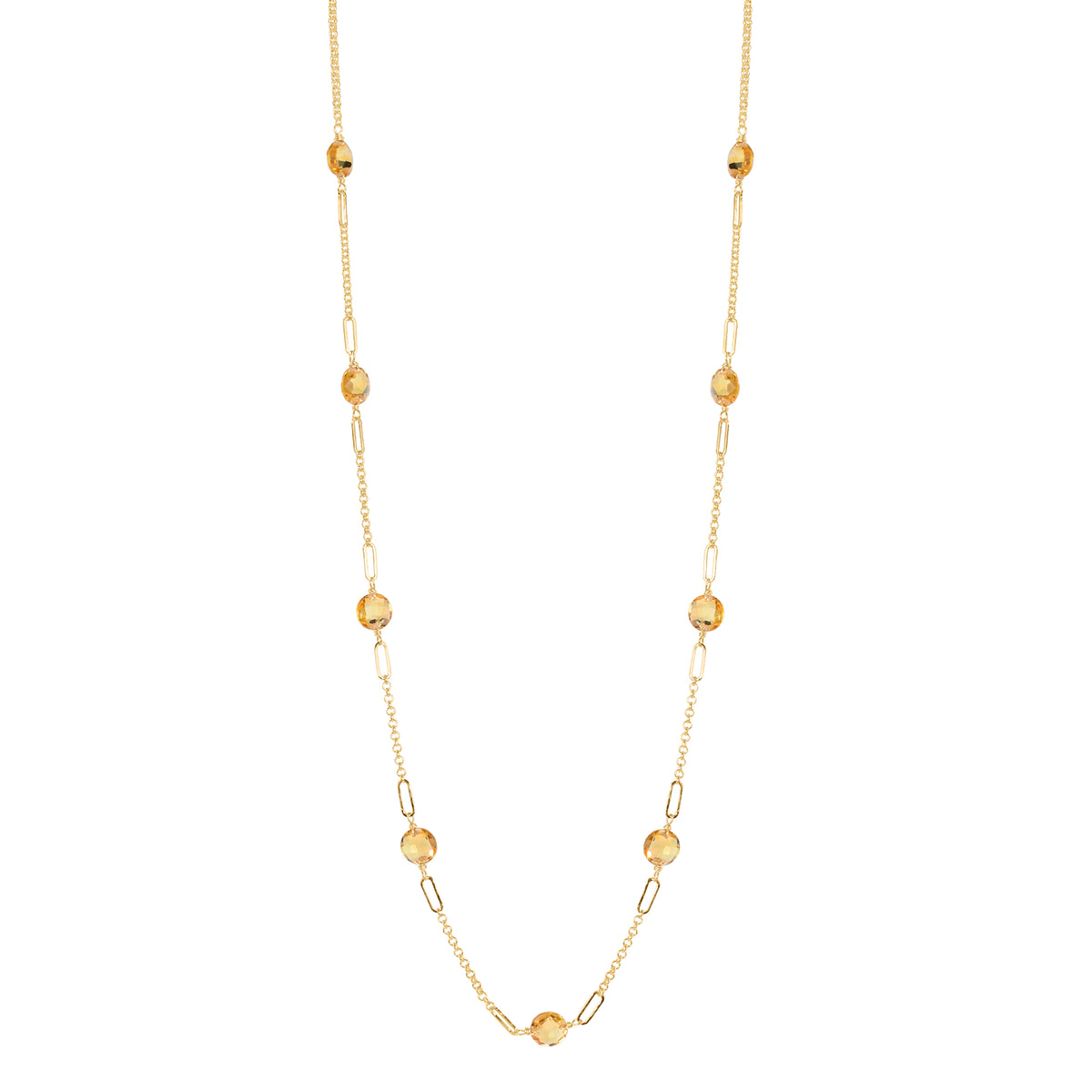 14k Gemstone Coin 9 Fancy Station Necklace 17" Citrine