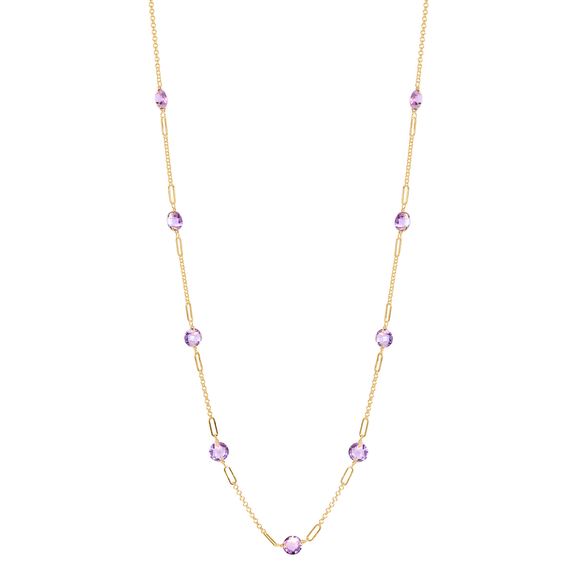 14k Gemstone Coin 9 Fancy Station Necklace 17" Amethyst