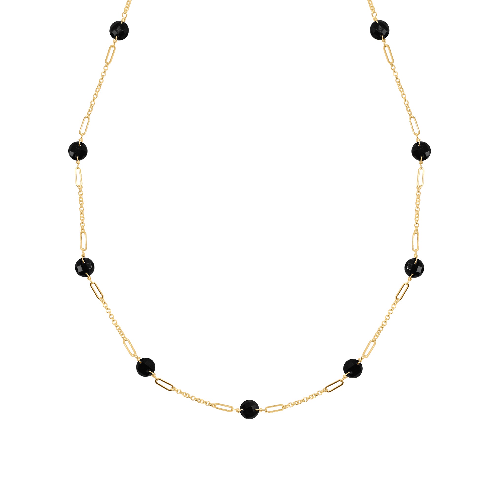 14k Gemstone Coin 9 Fancy Station Necklace 17" Black Onyx