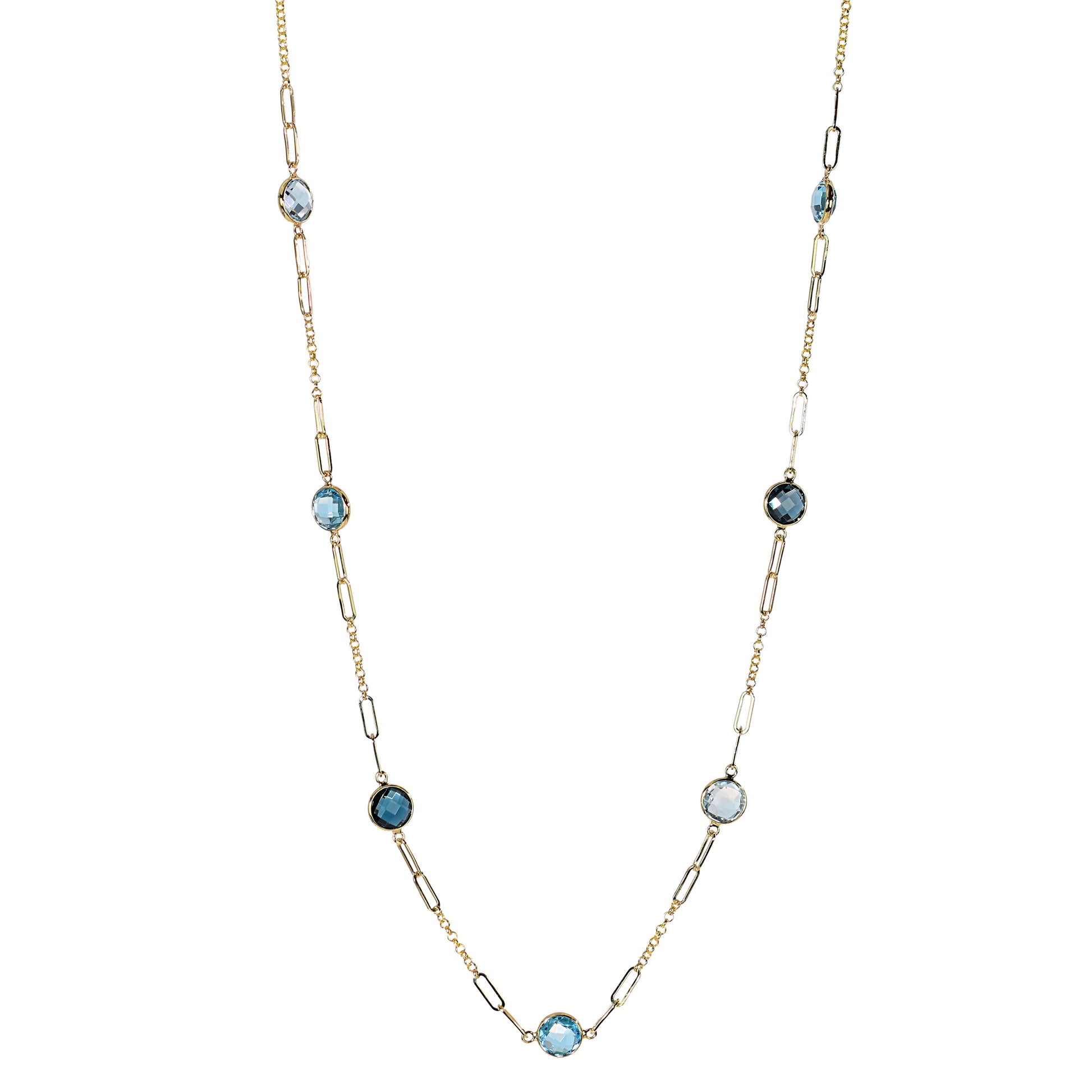 14k Blue Topaz 7 Fancy Station Necklace 17"