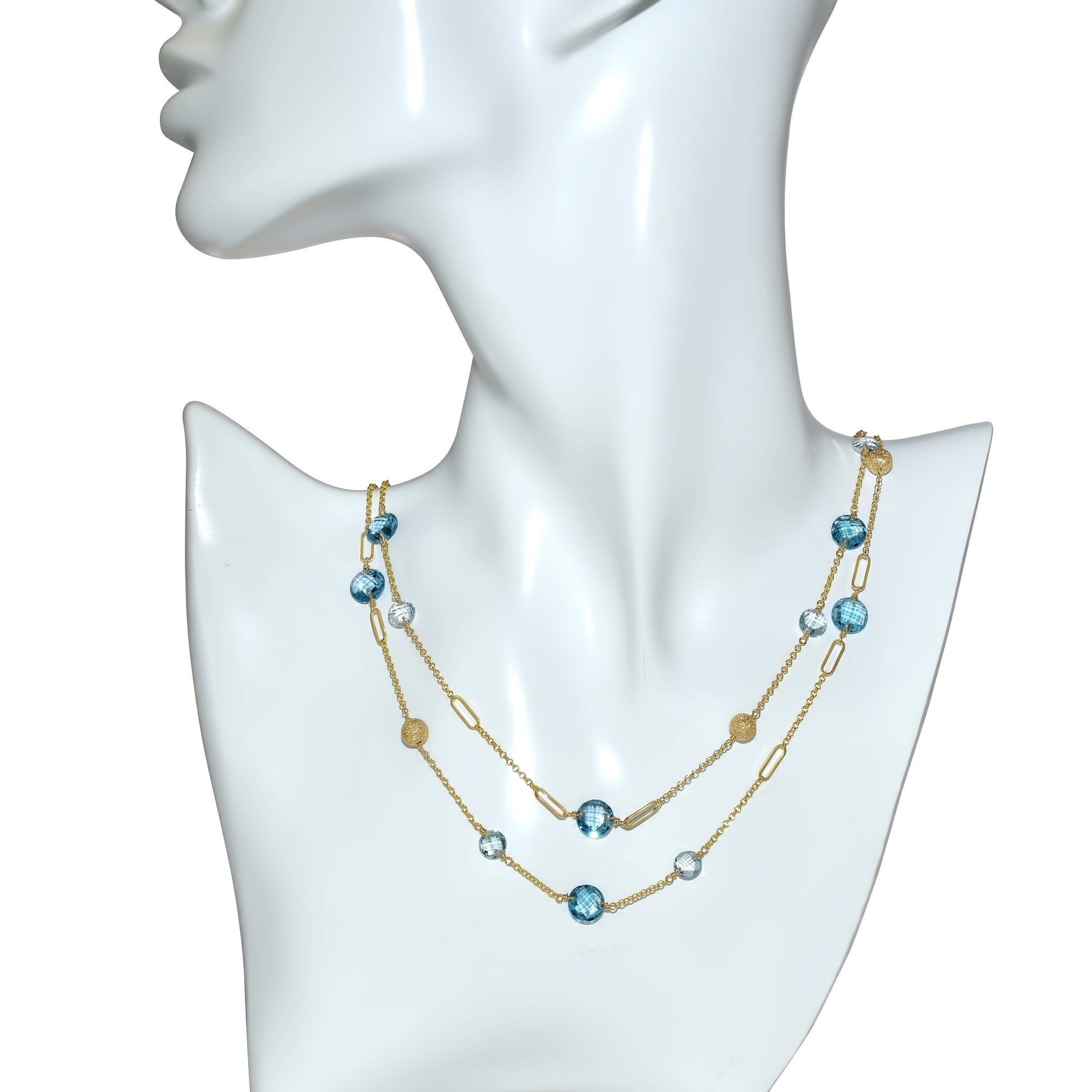 14k Sky/Swiss Blue Topaz Coin Fancy Chain Necklace 36" - Needs Image