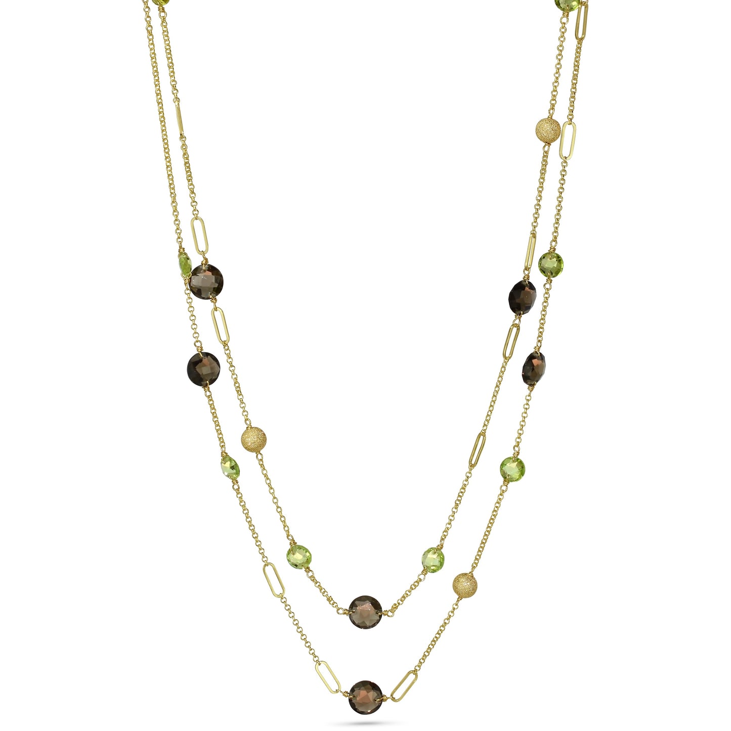 14k Peridot Smoky Quartz Coin Fancy Chain Necklace