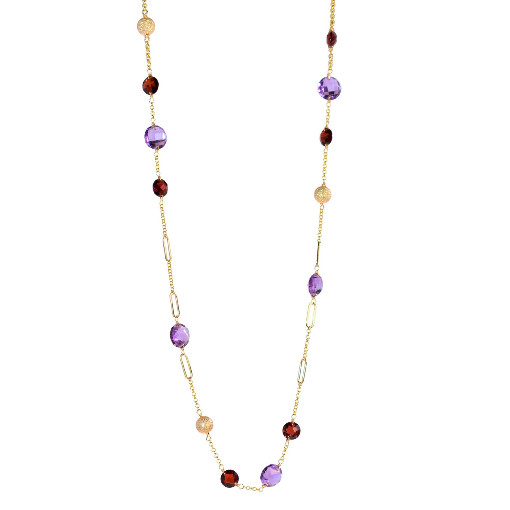 14k Coin Gemstone Fancy Station Necklace 18" Amethyst & Garnet