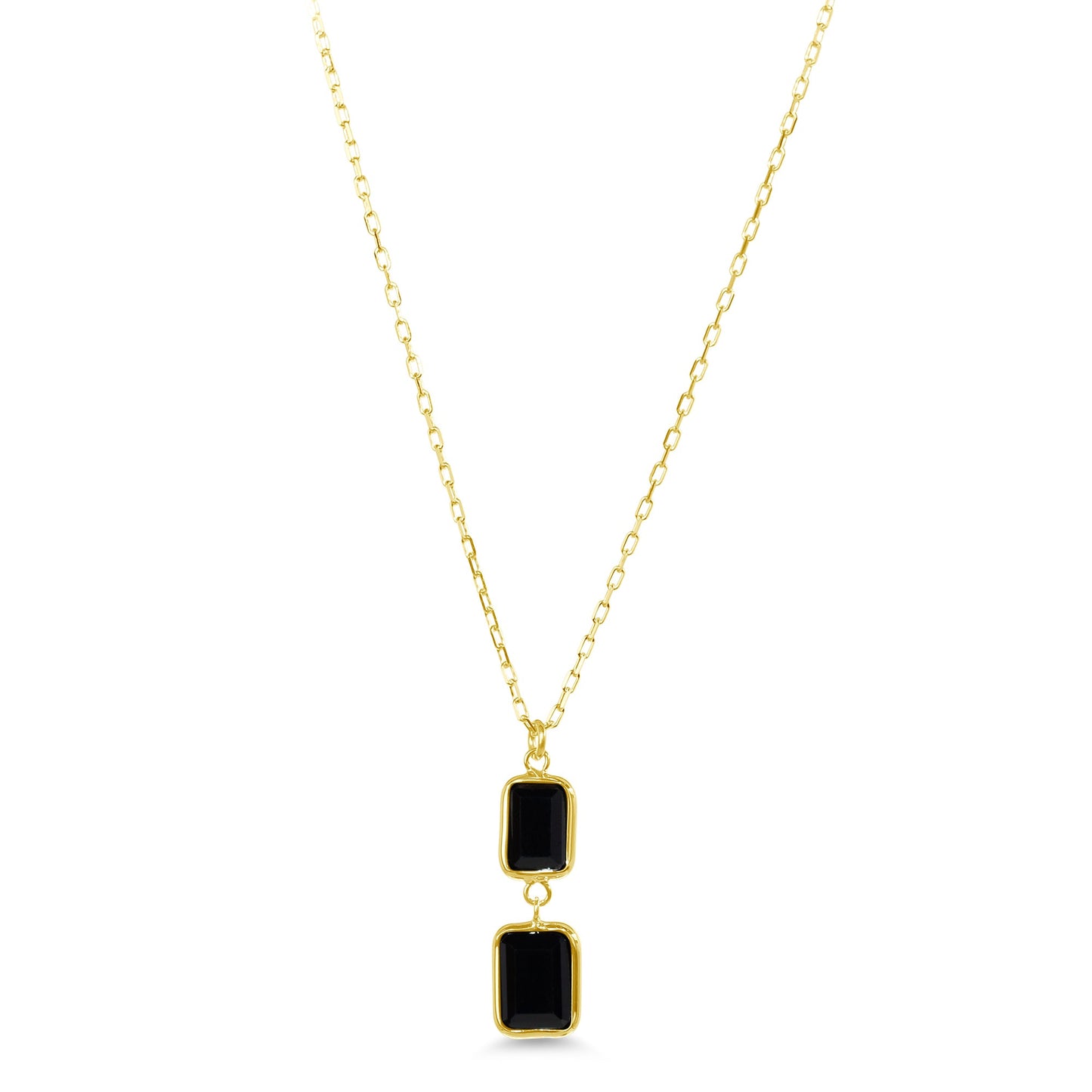 14k Yellow Gold Black Onyx 2 Rectangle Bezel Pendant Necklace 17"