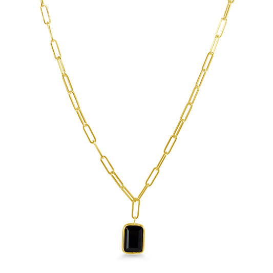 14k Yellow Gold Paperclip Chain With Black Onyx Pendant Necklace 17"/18"