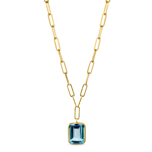 14K Swiss Blue Topaz Emerald Cut Bezel Paperclip Necklace 17"-18"