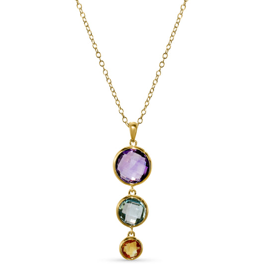 14k Multi Gemstone Triple Round Bezel Pendant Necklace