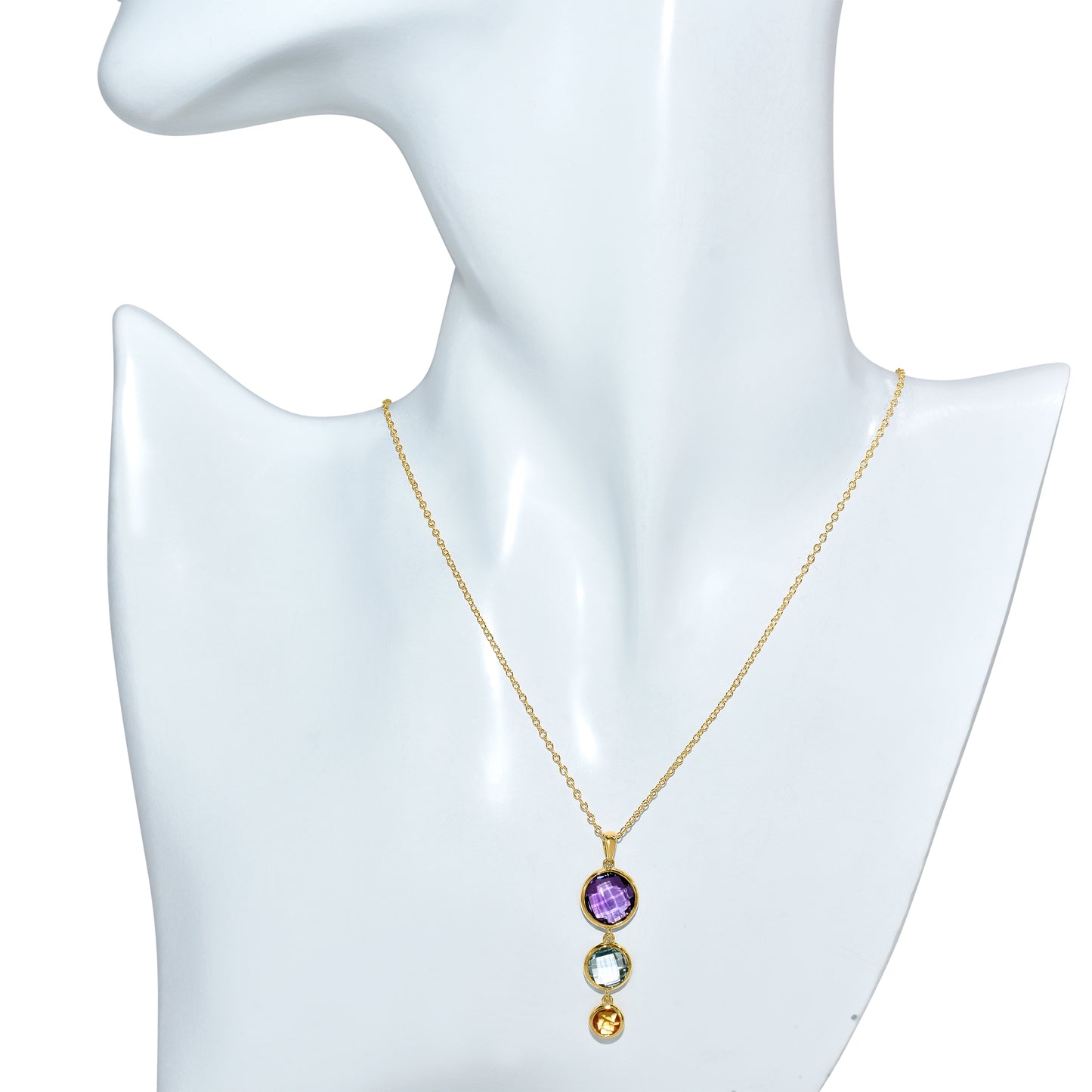 14k Multi Gemstone Triple Round Bezel Pendant Necklace