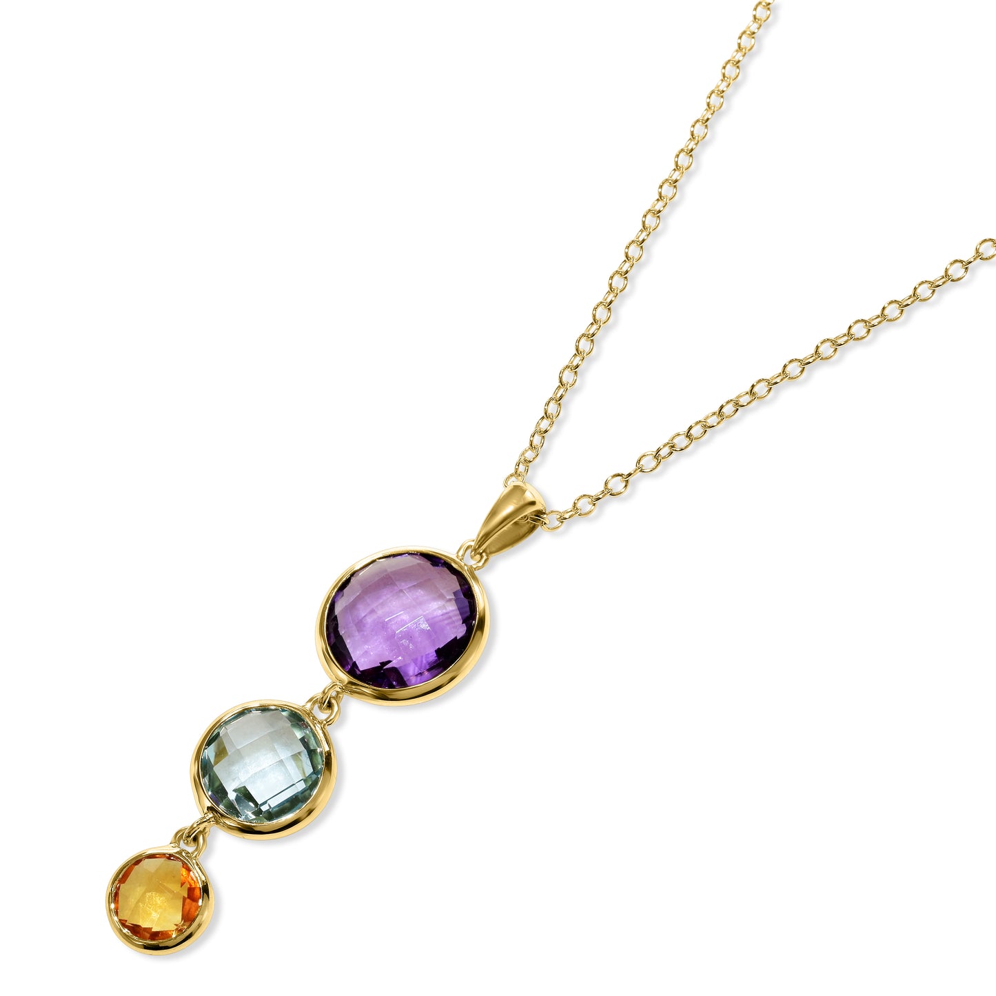 14k Multi Gemstone Triple Round Bezel Pendant Necklace