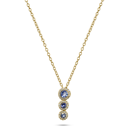 14k Yellow Gold Tanzanite VS Diamond Triple Round Pendant Necklace 17"