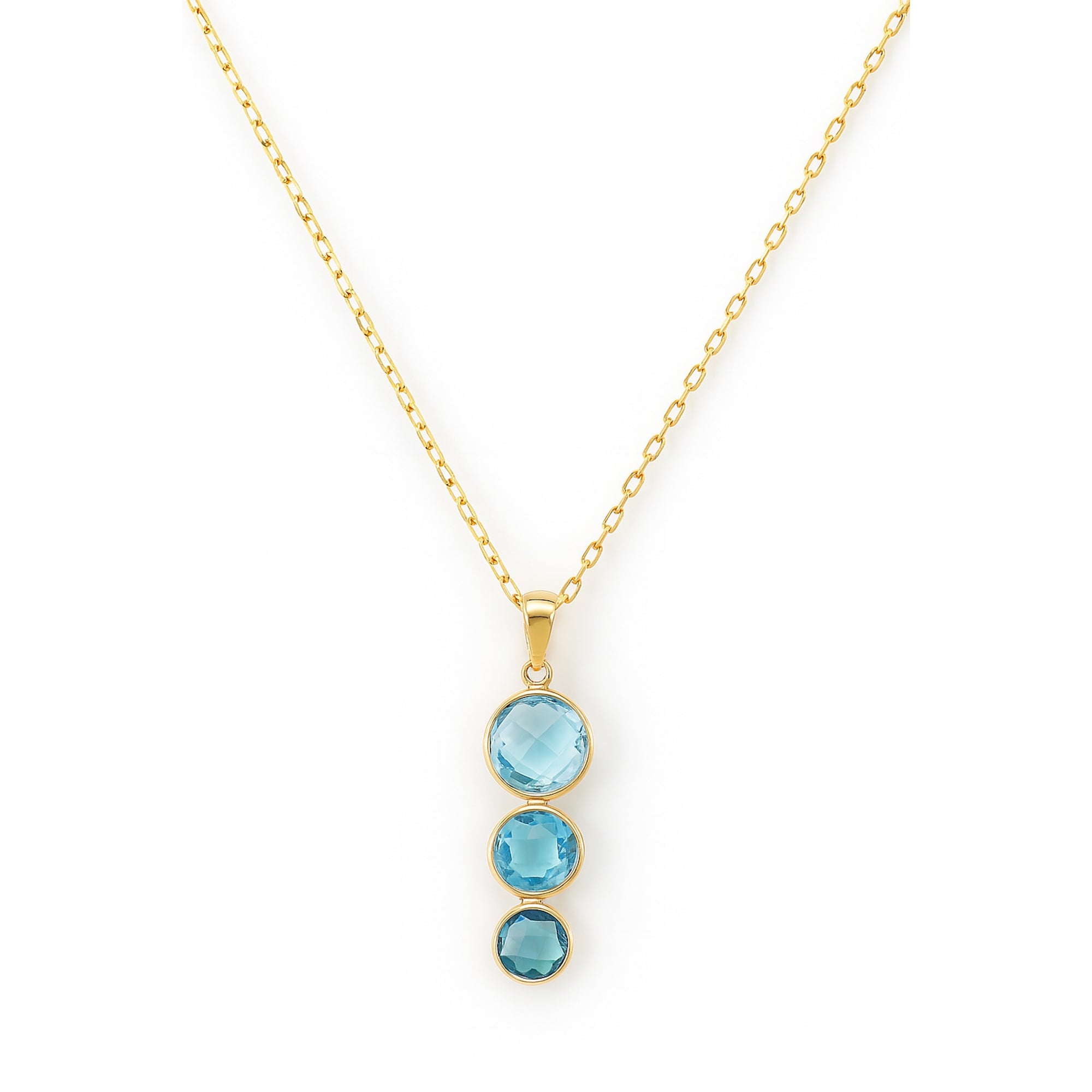 14k Multi Blue Topaz Triple Round Bezel Necklace