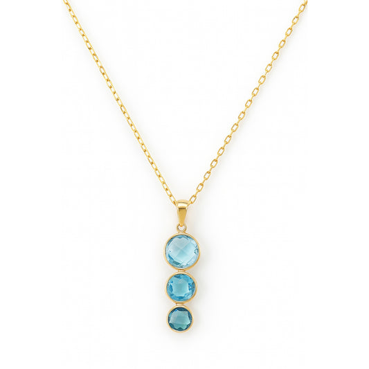 14k Multi Blue Topaz Triple Round Bezel Necklace