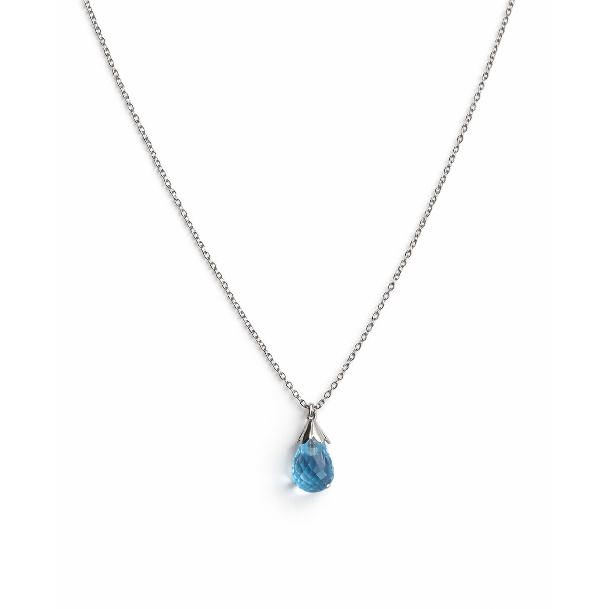 14k White Gold Blue Topaz Drop Pendant Necklace