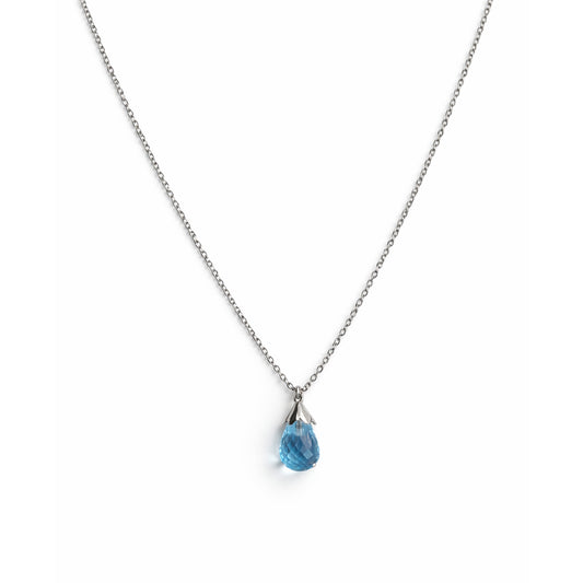 14k White Gold Blue Topaz Drop Pendant Necklace